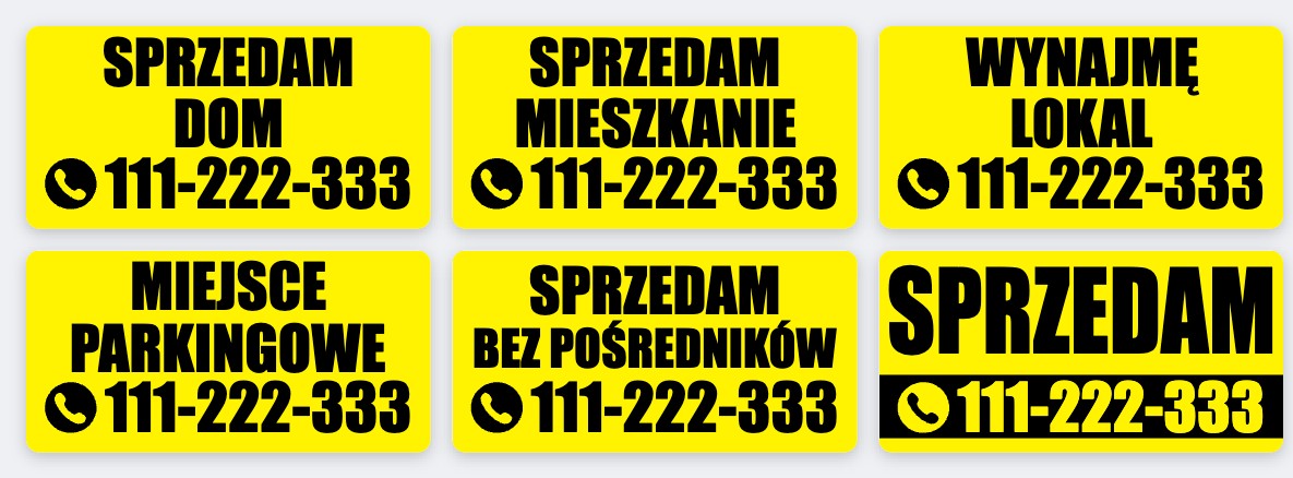 Gotowe wzory banerów: SPRZEDAM DOM, SPRZEDAM MIESZKANIE, WYNAJMĘ LOKAL, MIEJSCE PARKINGOWE
