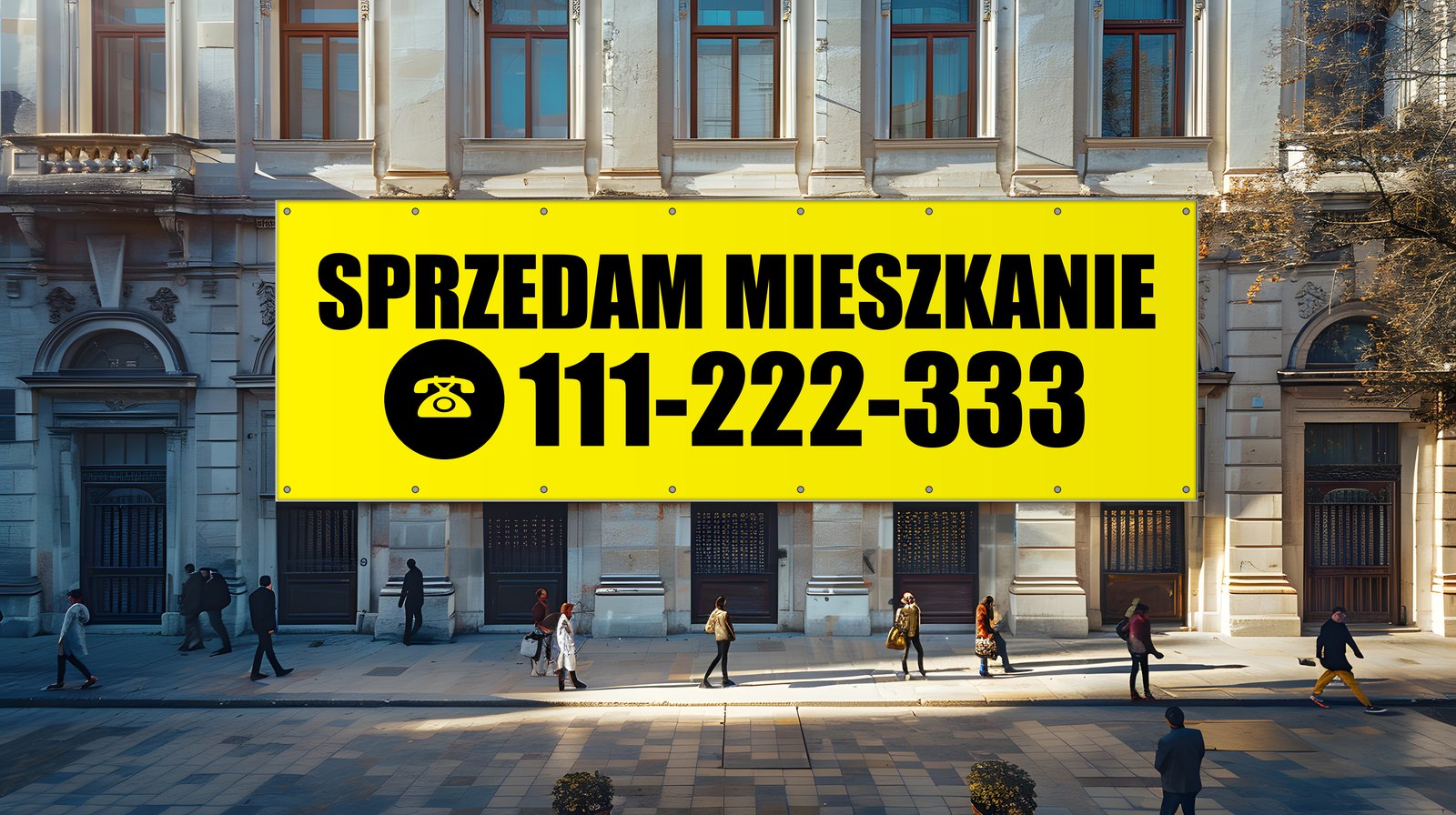 Żółty baner SPRZEDAM MIESZKANIE z numerem telefonu zawieszony na elewacji budynku